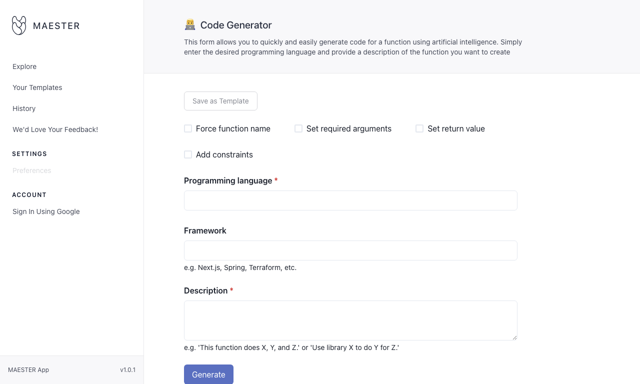 Maester code creator — интерфейс