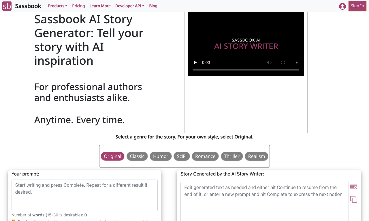Sassbook AI Story generator — превью