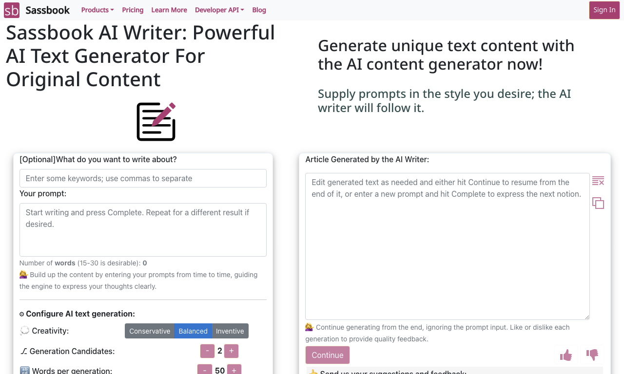 Sassbook AI Writer — интерфейс