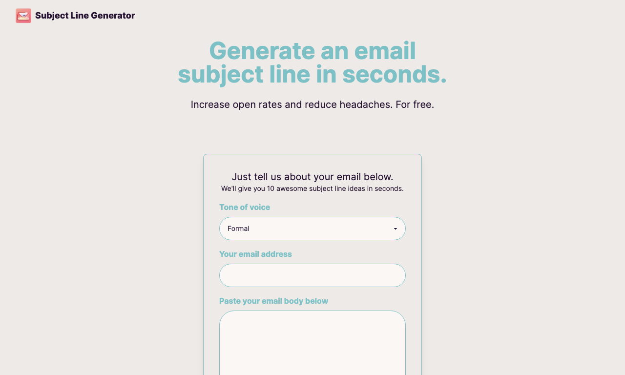 Subject Line Generator — интерфейс