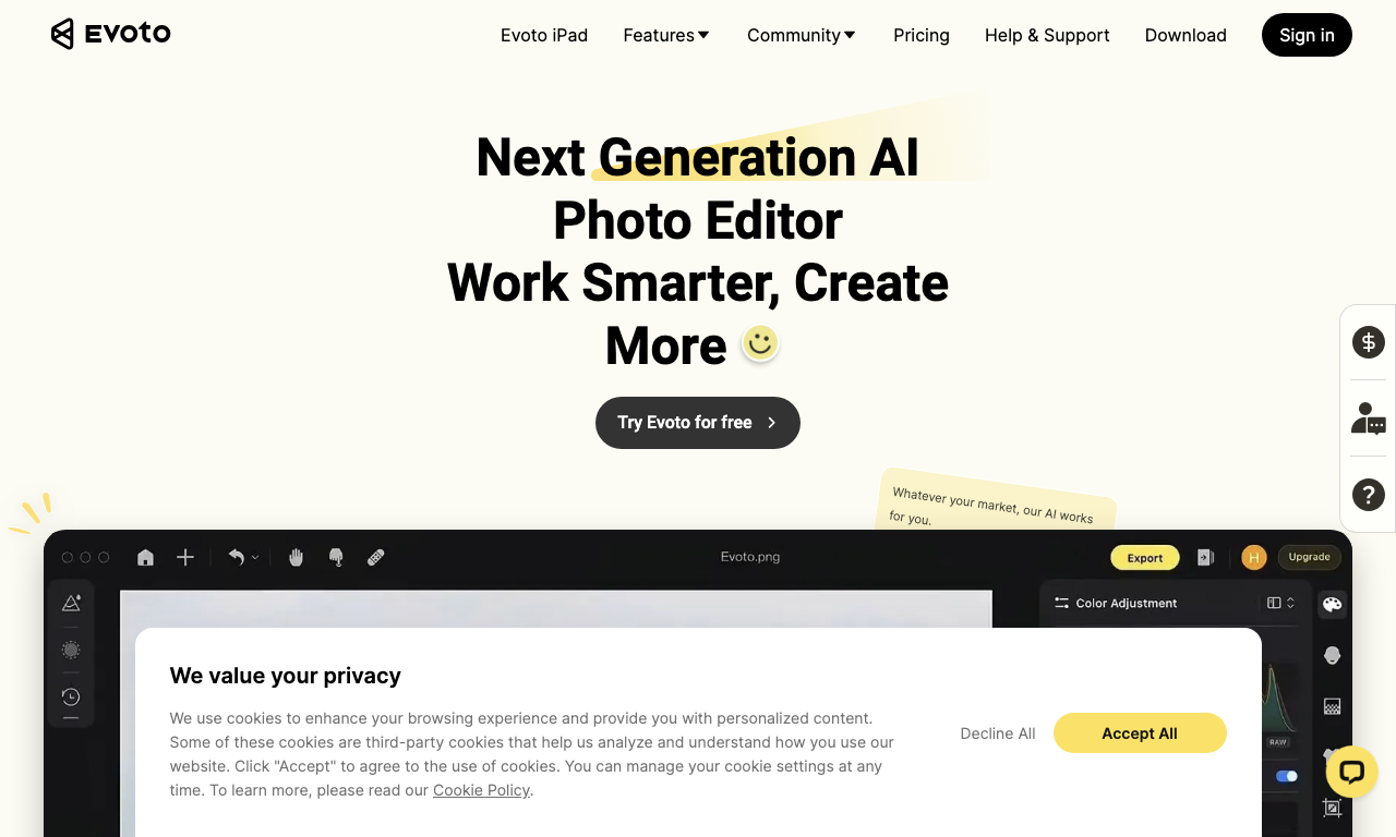 Evoto AI — интерфейс
