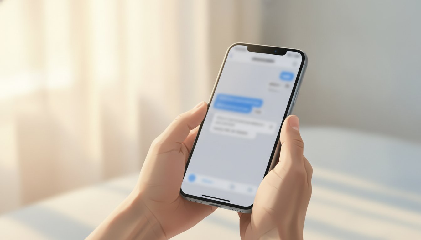 Руки держат смартфон с открытым чат-ботом на размытом фоне