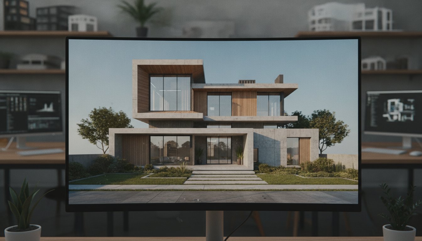 Экран с 3D-визуализацией фасада дома, сгенерированной нейросетью