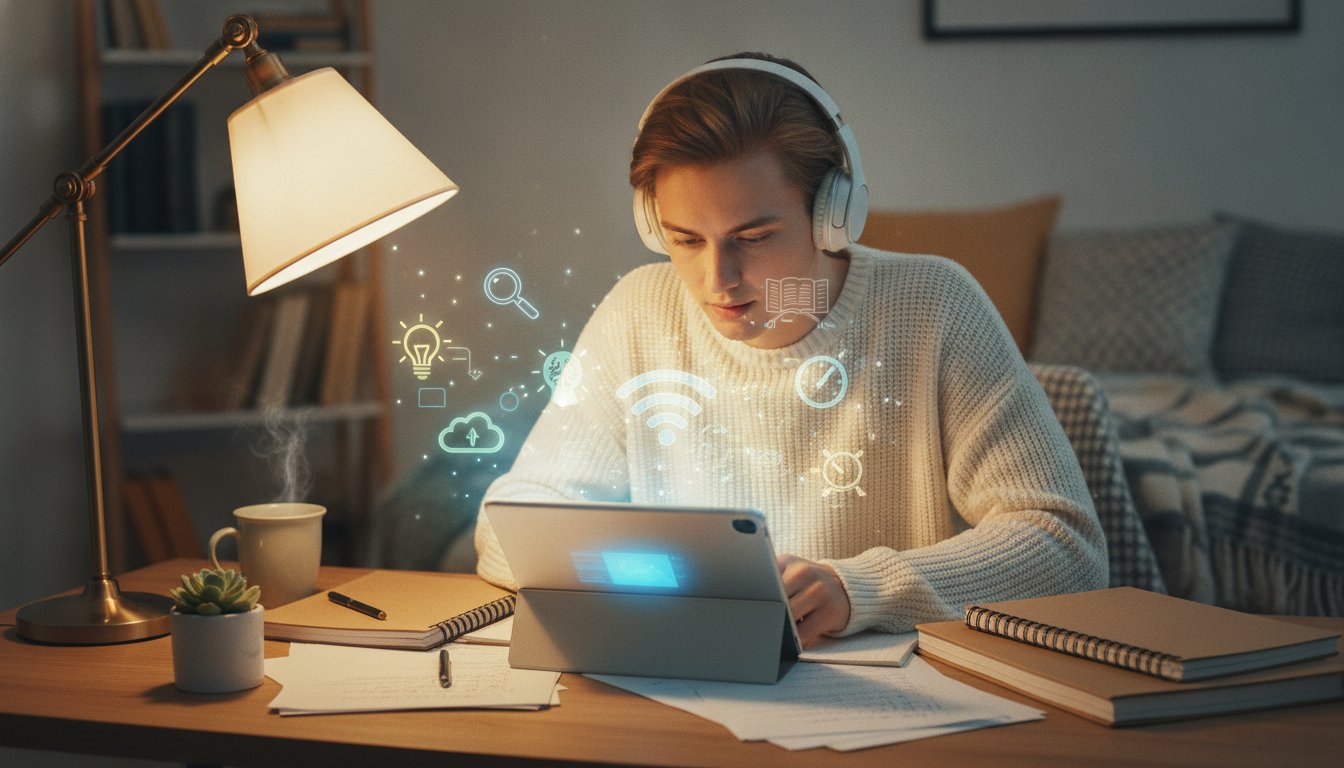 Студент с планшетом изучает материалы с помощью нейросети