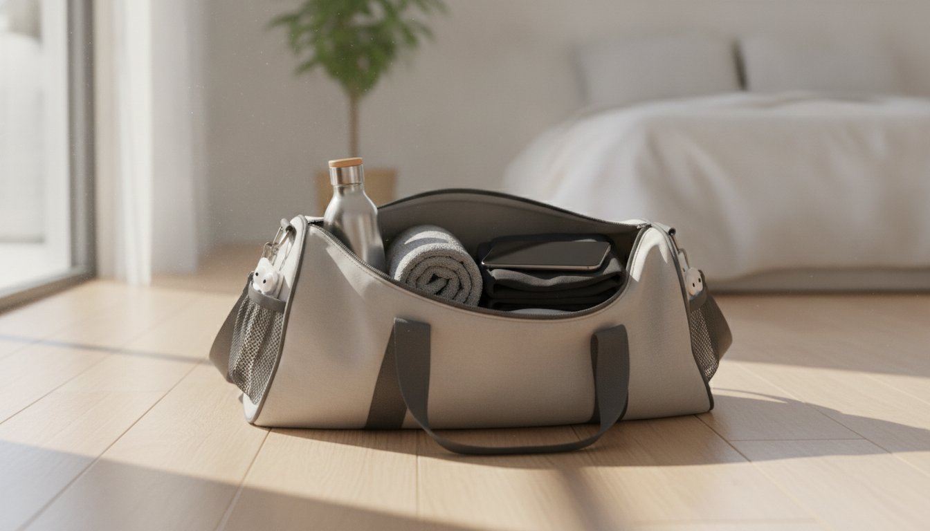 Спортивная сумка с бутылкой воды и смартфоном