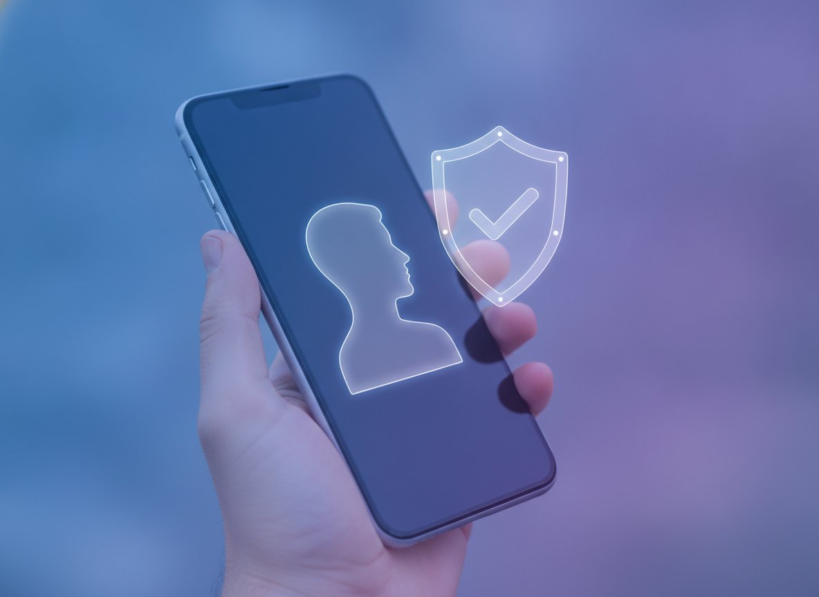 Символ защиты и согласия на экране смартфона: силуэт человека и значок щита с галочкой