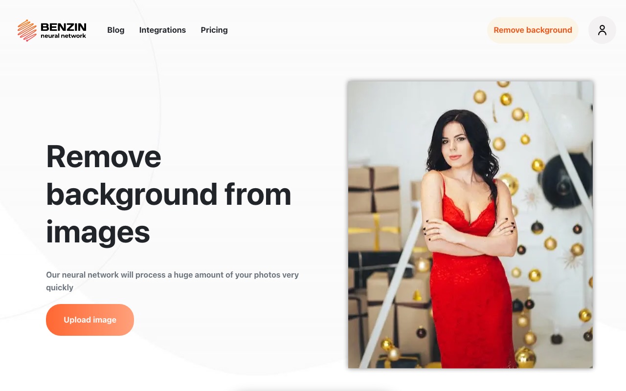 Главная страница Benzin.io с заголовком Remove background from images и кнопкой Upload image