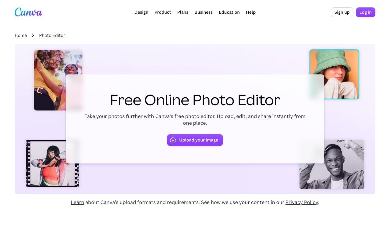 Страница Free Online Photo Editor на сайте Canva с превью фотографий и кнопкой Upload your image