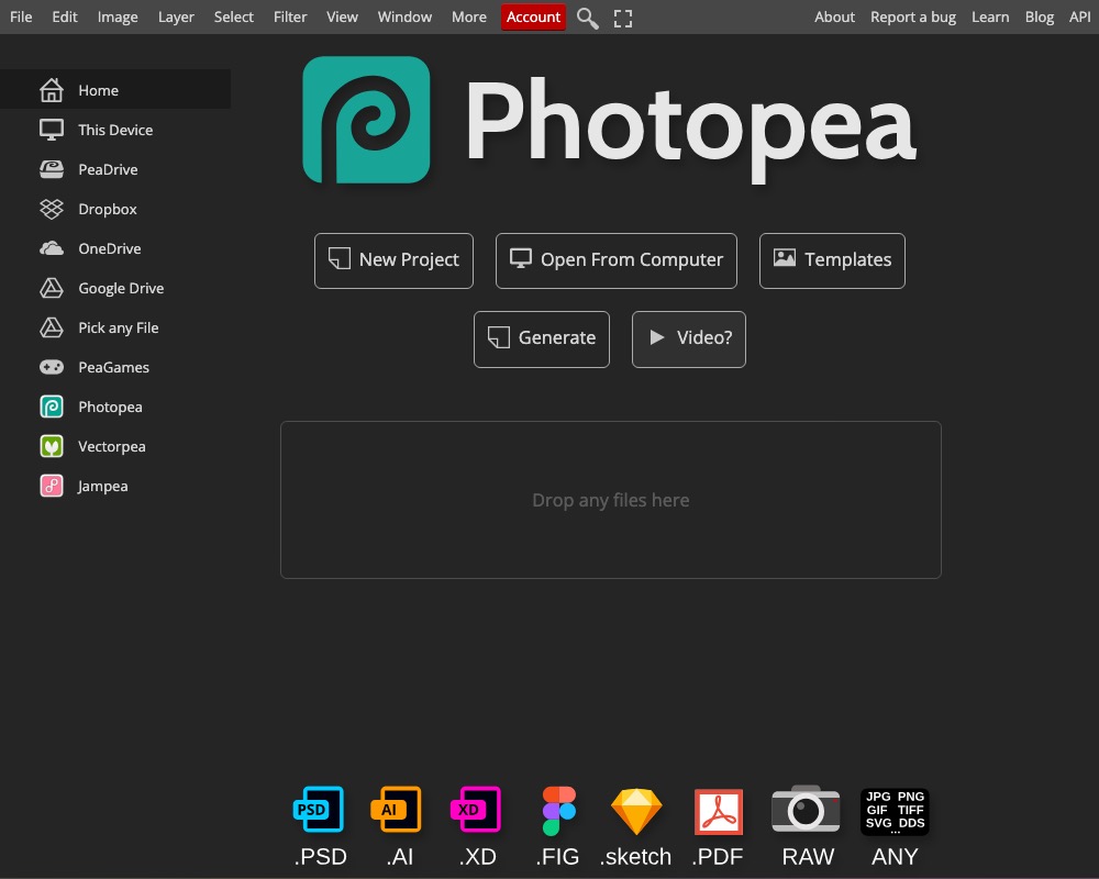 Стартовый экран редактора Photopea с меню File, Edit, Image, Layer и иконками форматов PSD, AI, XD, PDF