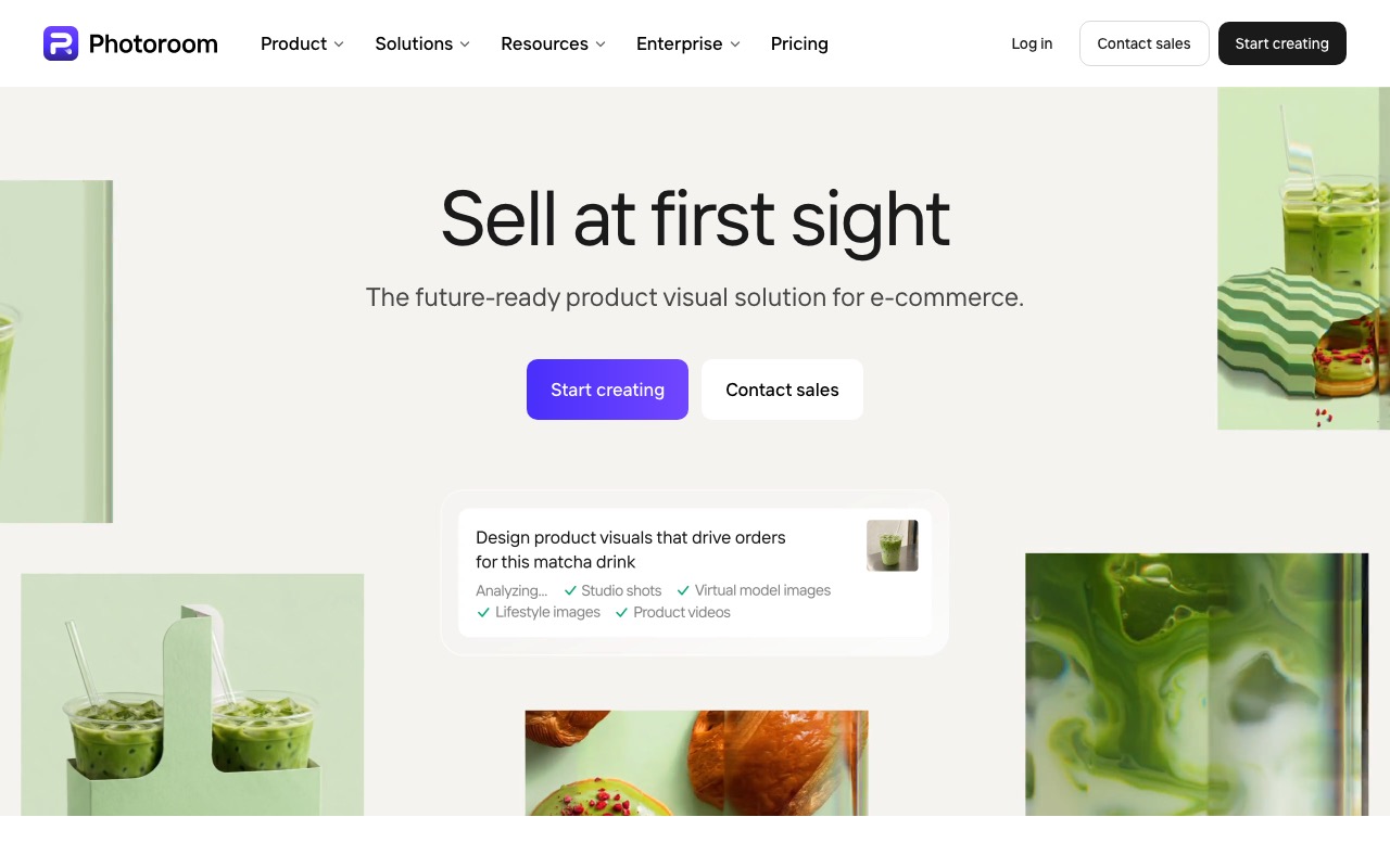 Главная страница Photoroom с заголовком Sell at first sight и кнопкой Start creating