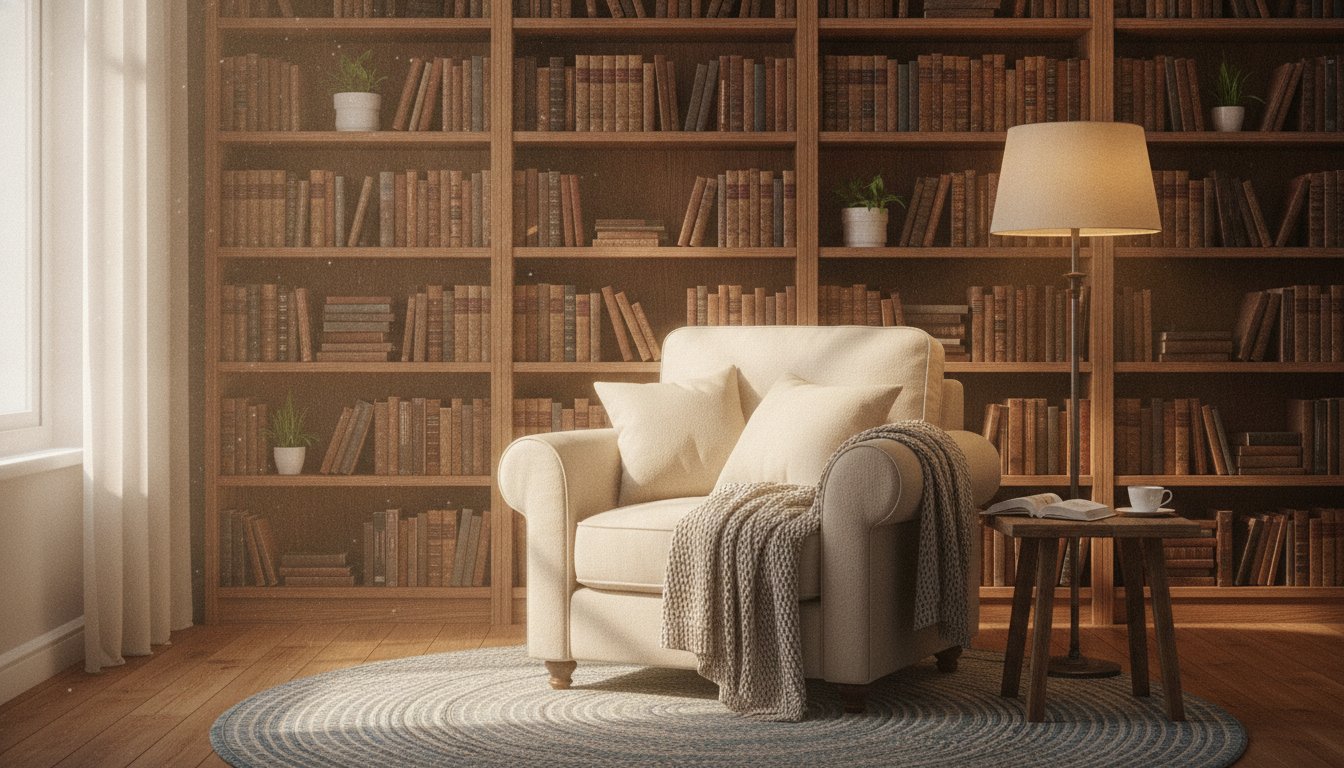 Уютный уголок для чтения с книжными полками и креслом