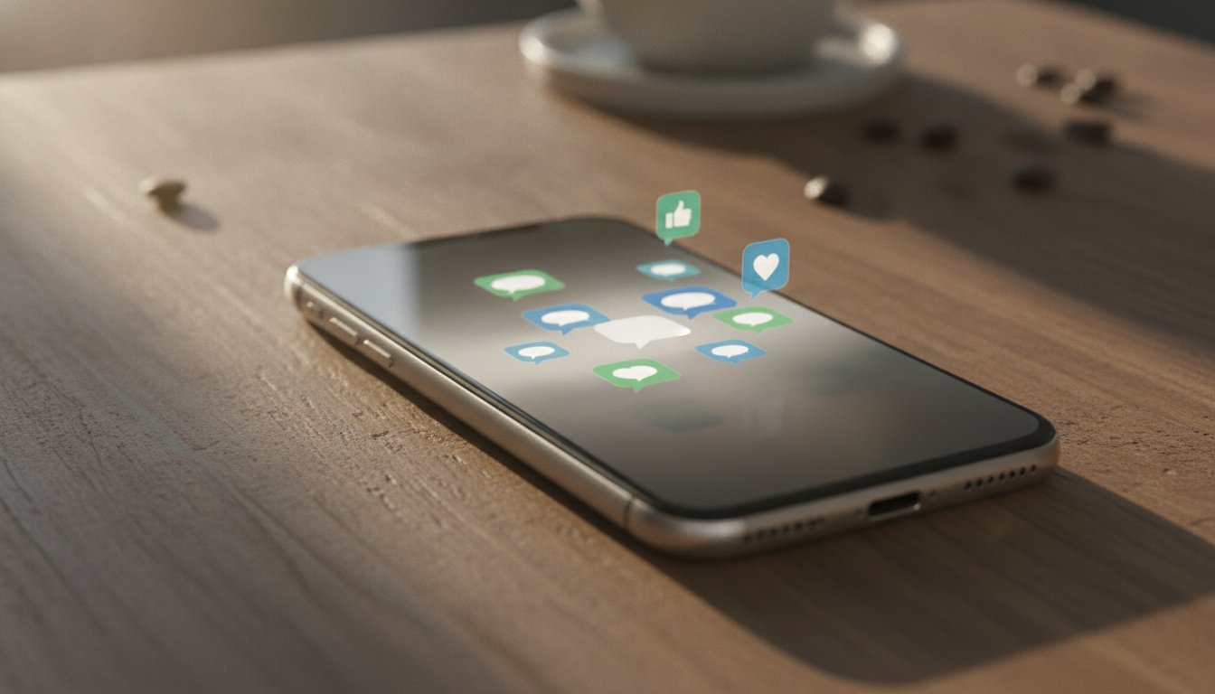 Смартфон с чат-иконками на столе иллюстрирует работу нейросети для шуток