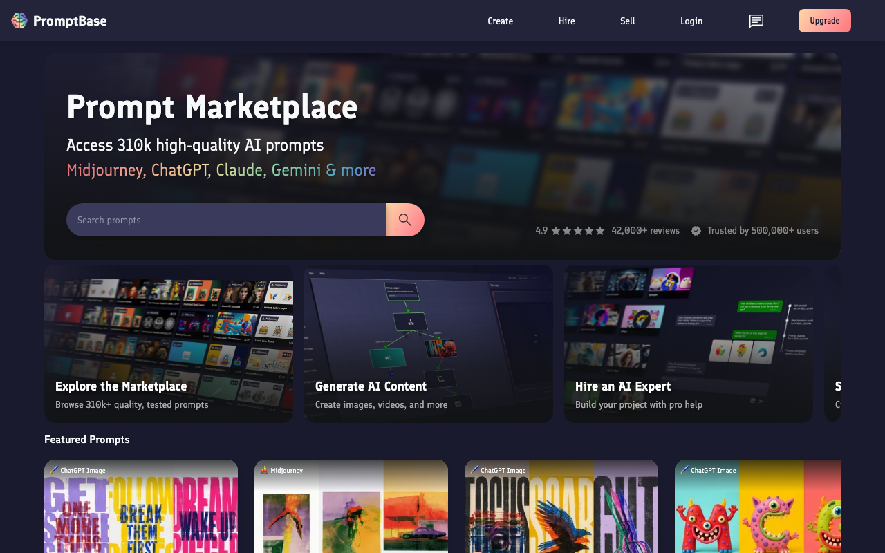 Главная страница PromptBase — маркетплейс промптов для Midjourney, ChatGPT, Claude и Gemini