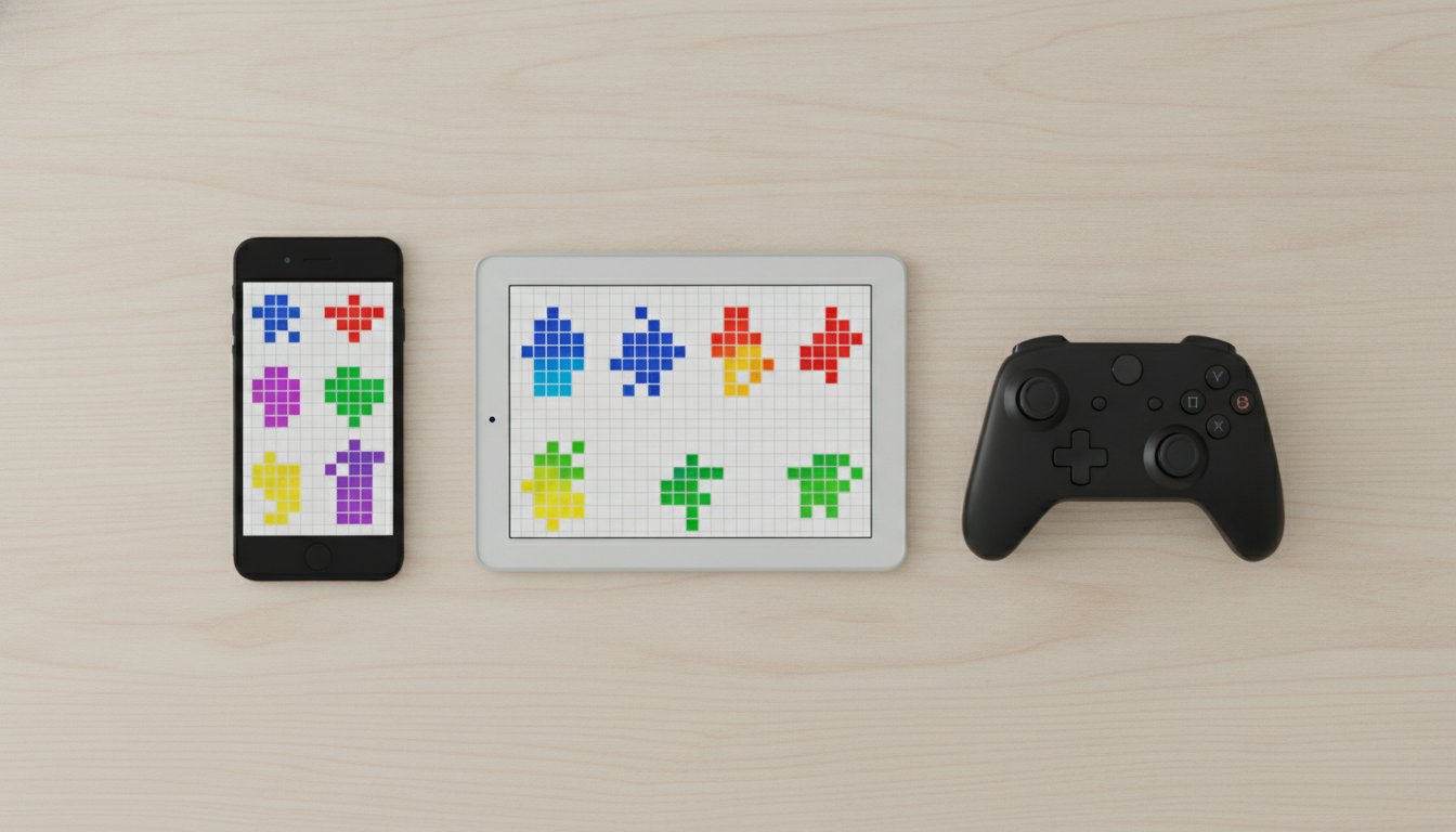 Смартфон и планшет с шаблонами пиксельных скинов рядом с игровым контроллером — установка скина на разных устройствах