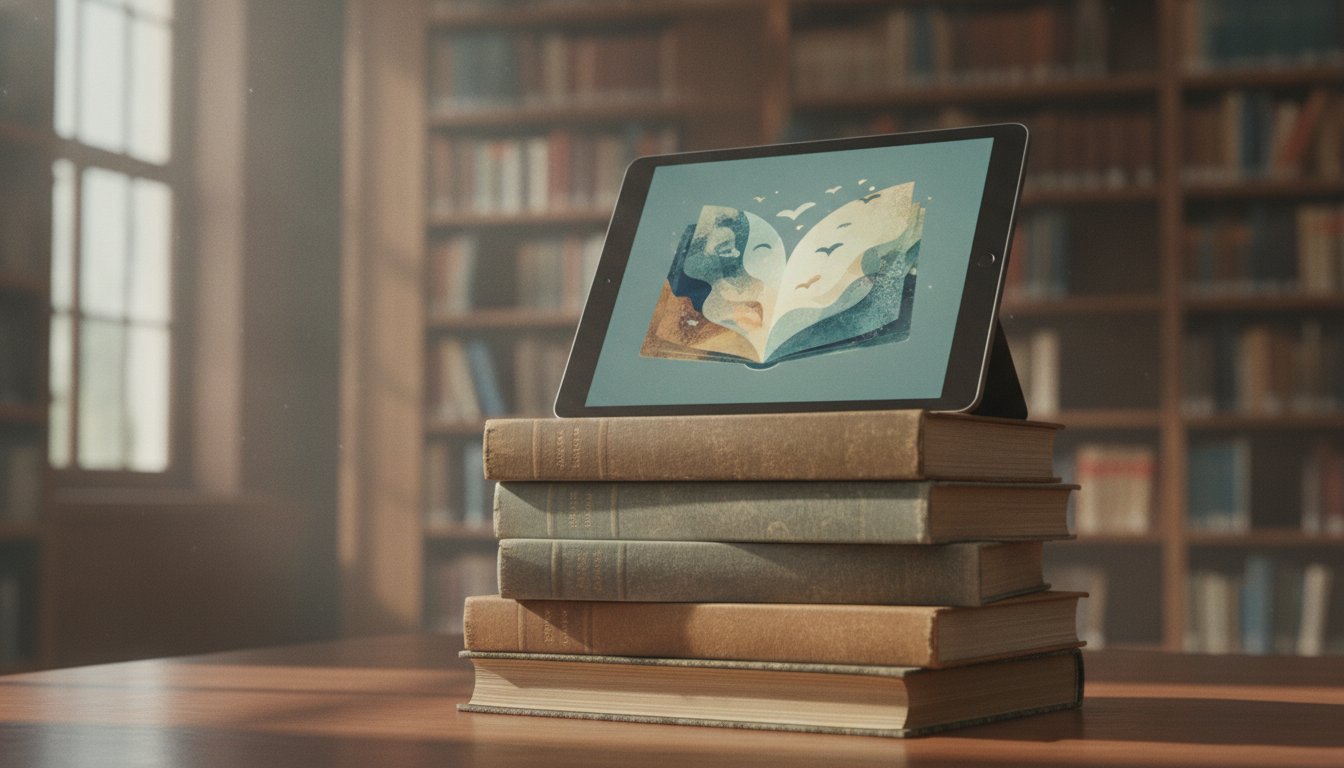Планшет на стопке книг в библиотеке