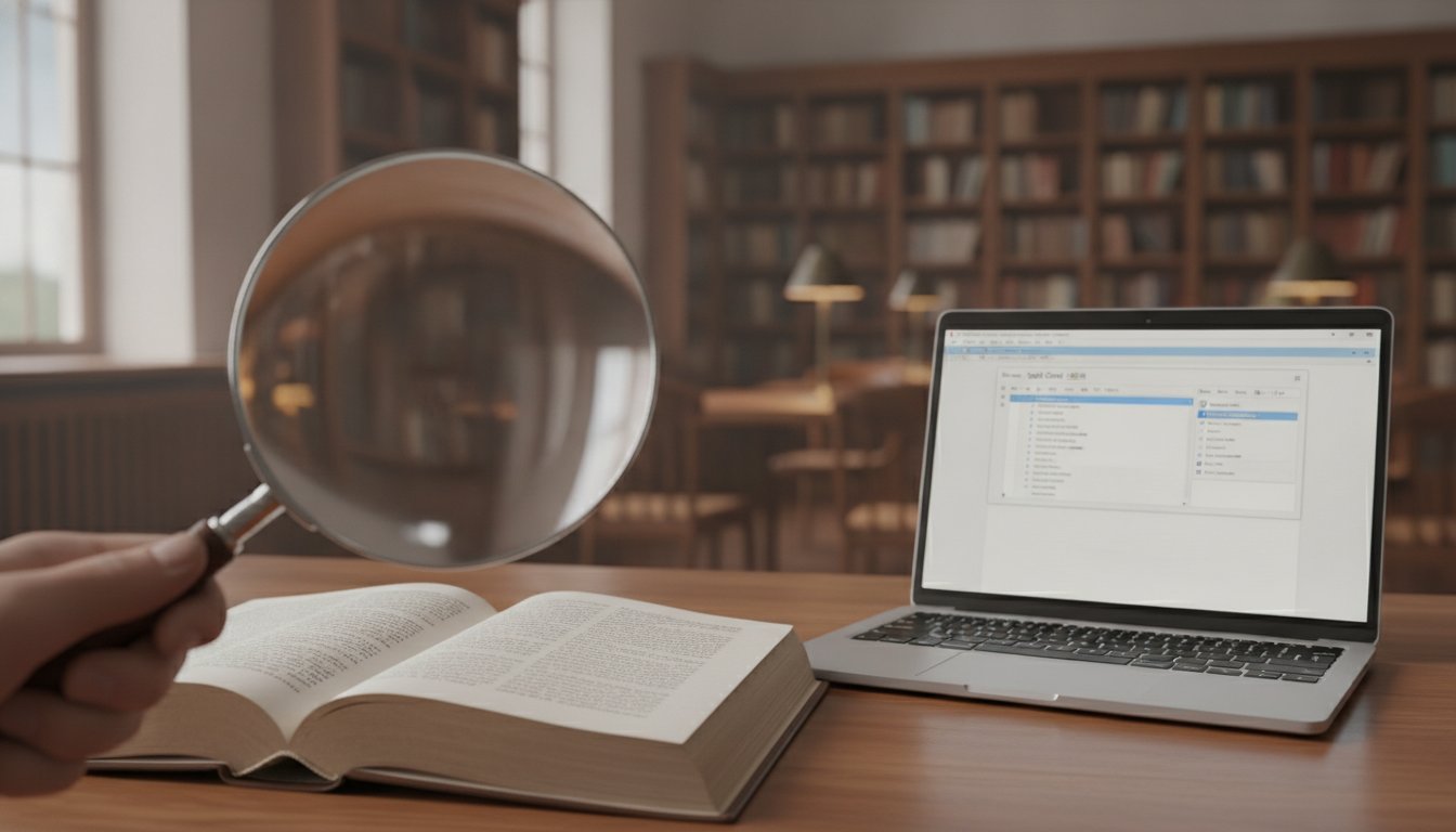 Лупа над печатным текстом книги — иллюстрация к теме проверки текста на признаки генерации нейросетью