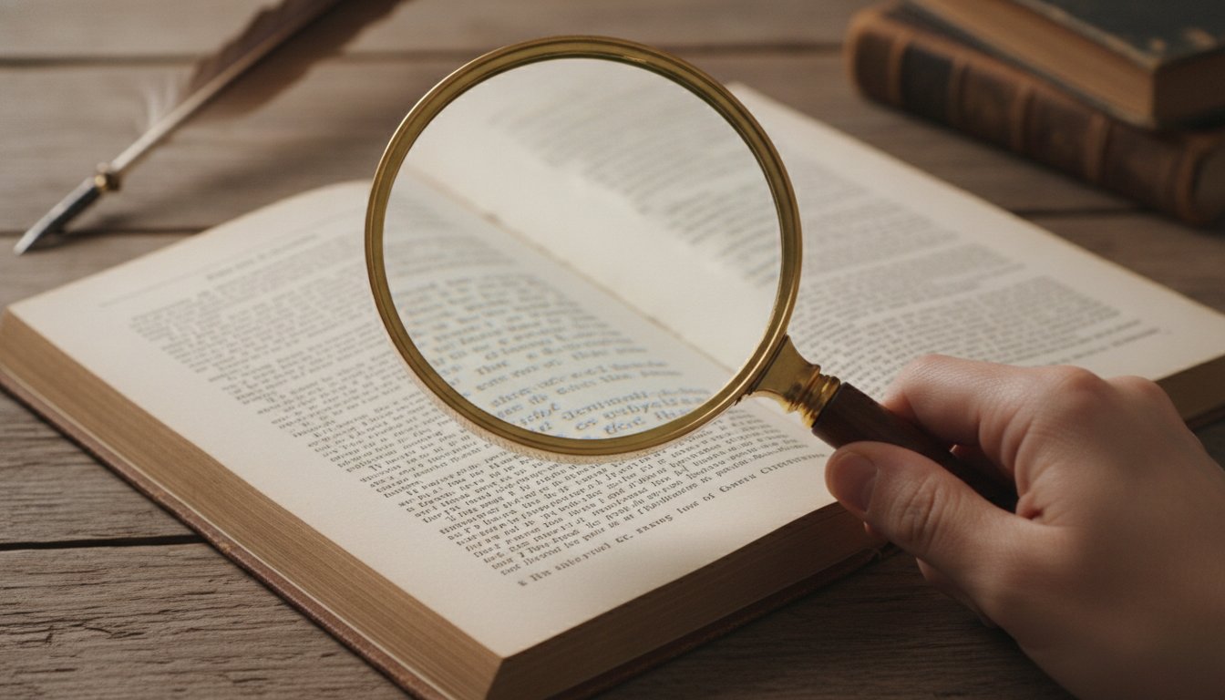 Лупа над печатным текстом книги — иллюстрация к теме проверки текста на признаки генерации нейросетью