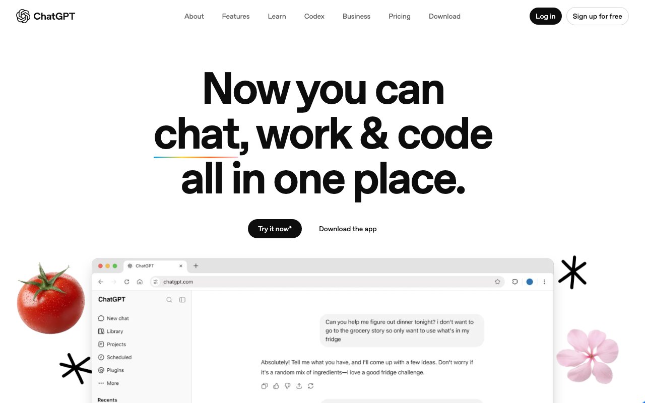 Официальная страница ChatGPT от OpenAI с демонстрацией интерфейса чата для работы с текстом