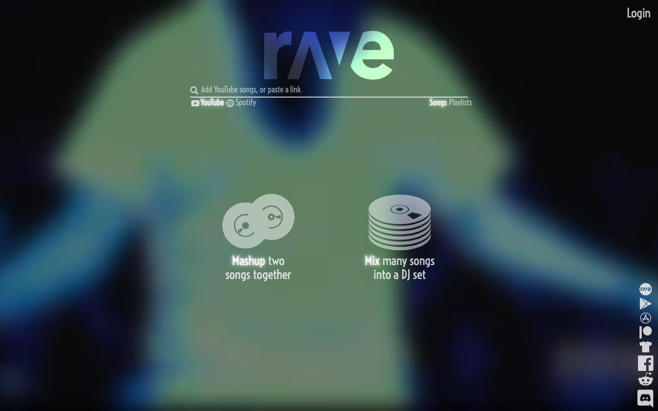 Интерфейс Rave DJ — выбор между режимом мэшапа двух песен и мультитрековым миксом