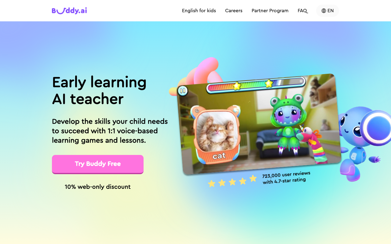 Скриншот главной страницы Buddy AI — голосовой ИИ-репетитор английского для детей