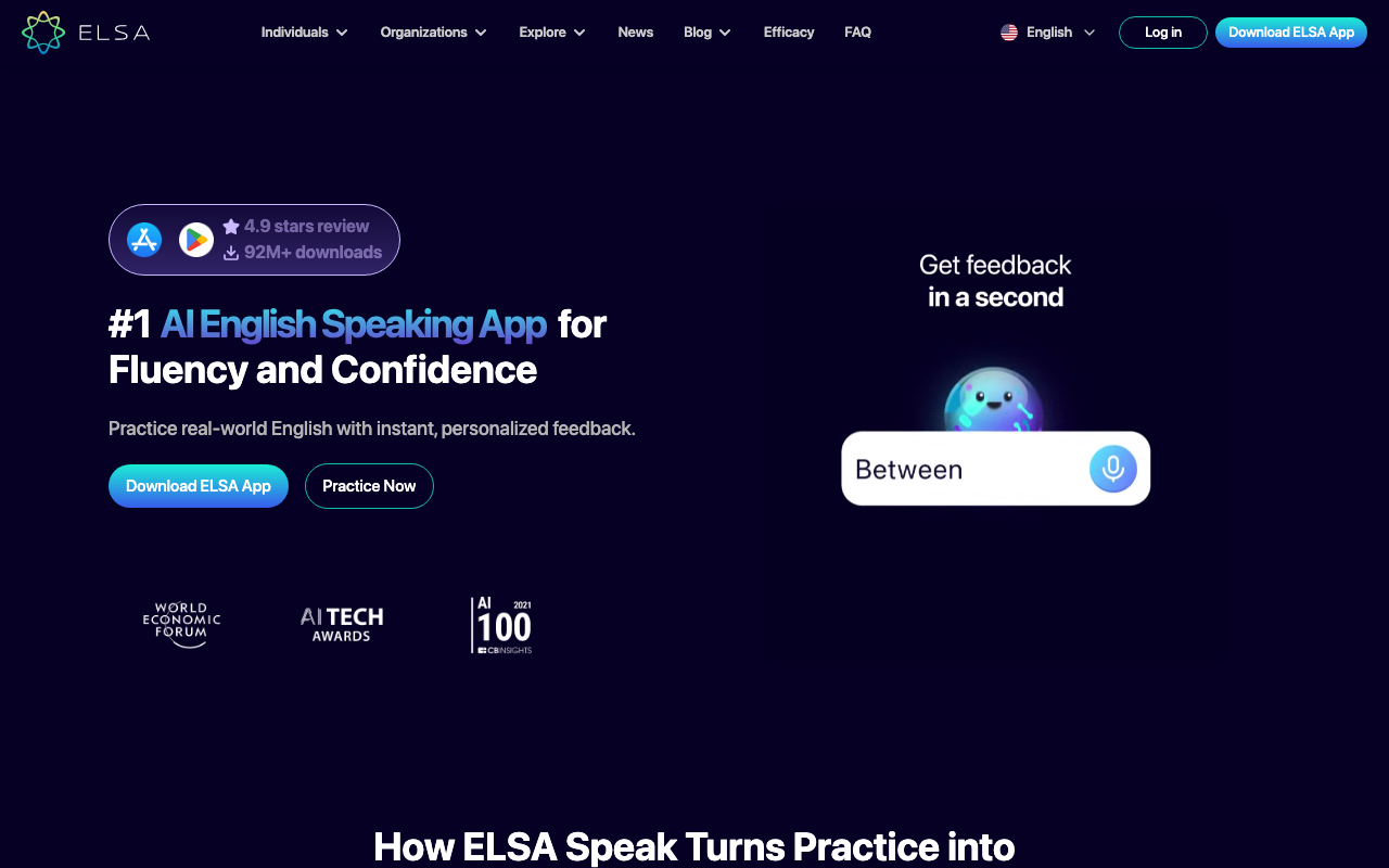 Скриншот главной страницы ELSA Speak — нейросеть для тренировки произношения английского