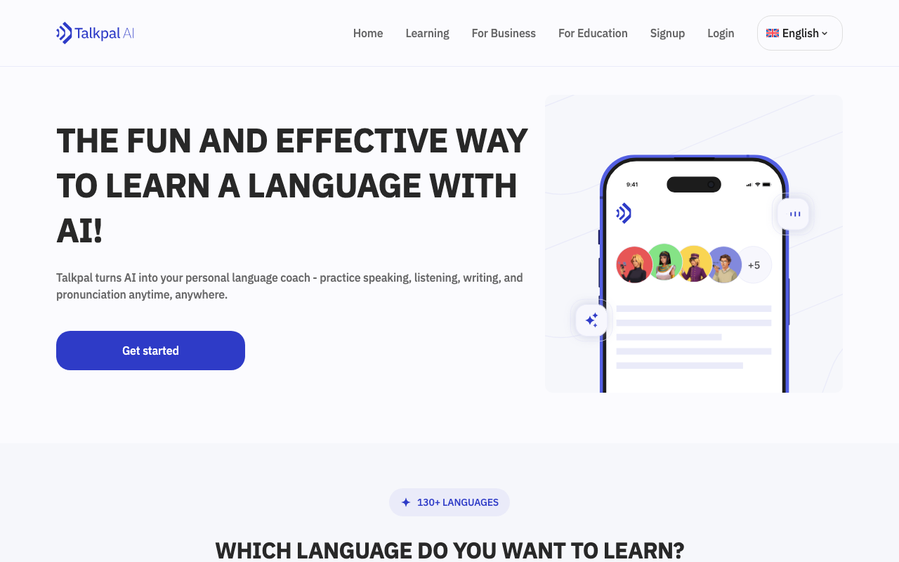 Скриншот главной страницы TalkPal — ИИ-репетитор для разговорной практики на 130+ языках