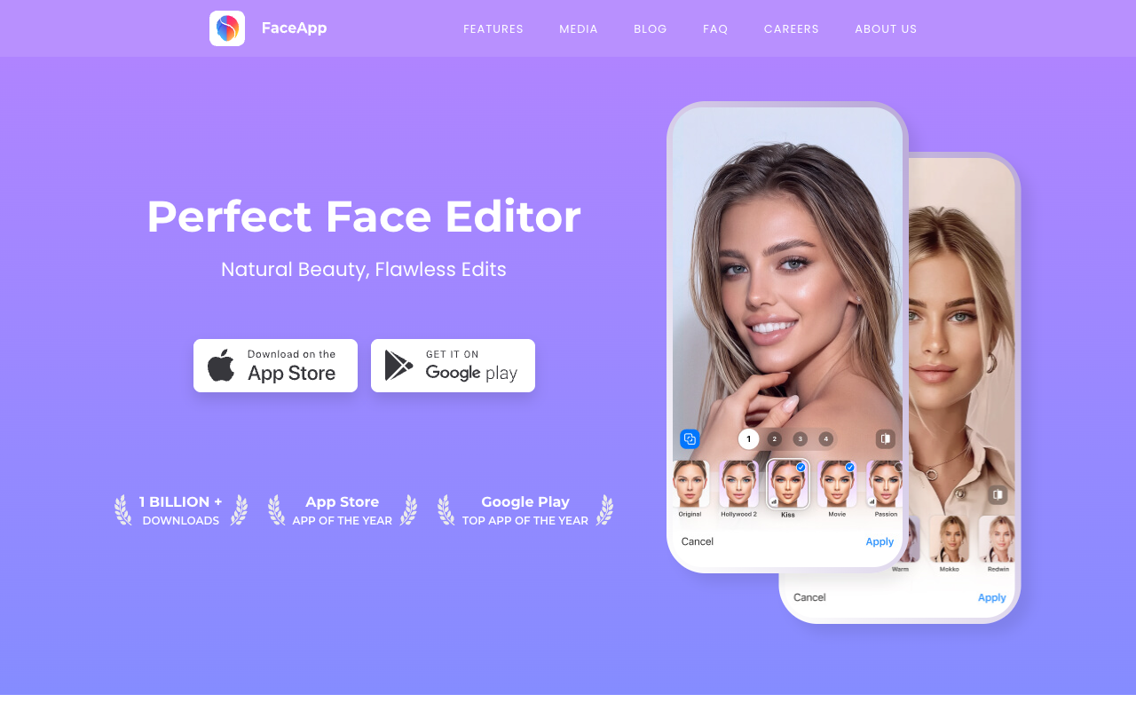 Скриншот главной страницы FaceApp — редактор лица на фото
