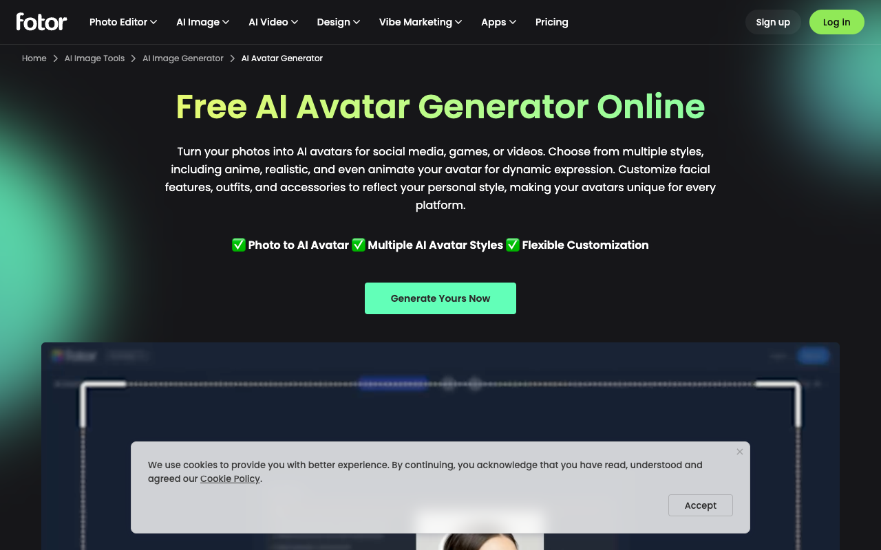 Скриншот главной страницы Fotor AI avatar generator — генератор аватаров по фото