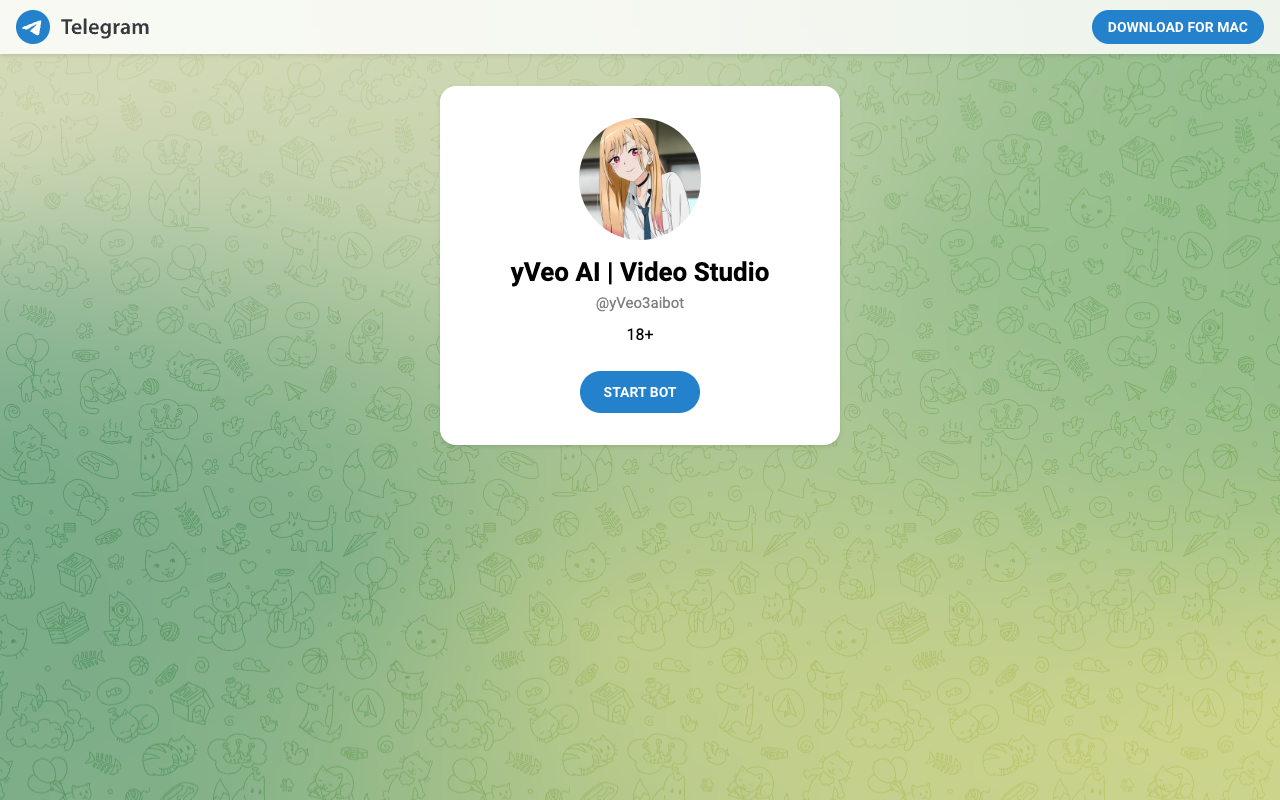 Скриншот стартовой страницы Telegram-бота yVEO AI с пометкой 18+