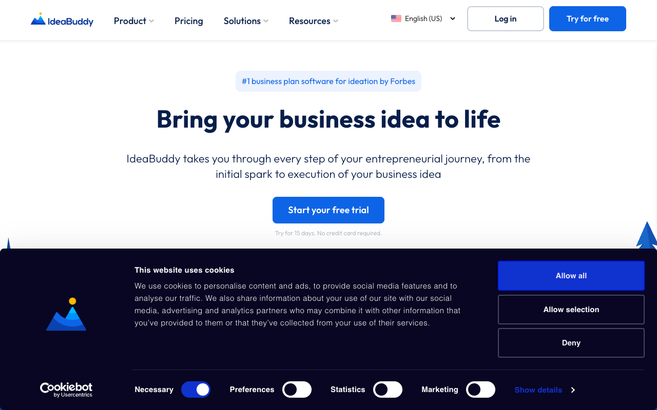 Скриншот интерфейса IdeaBuddy — конструктор бизнес-плана с финансовым планированием