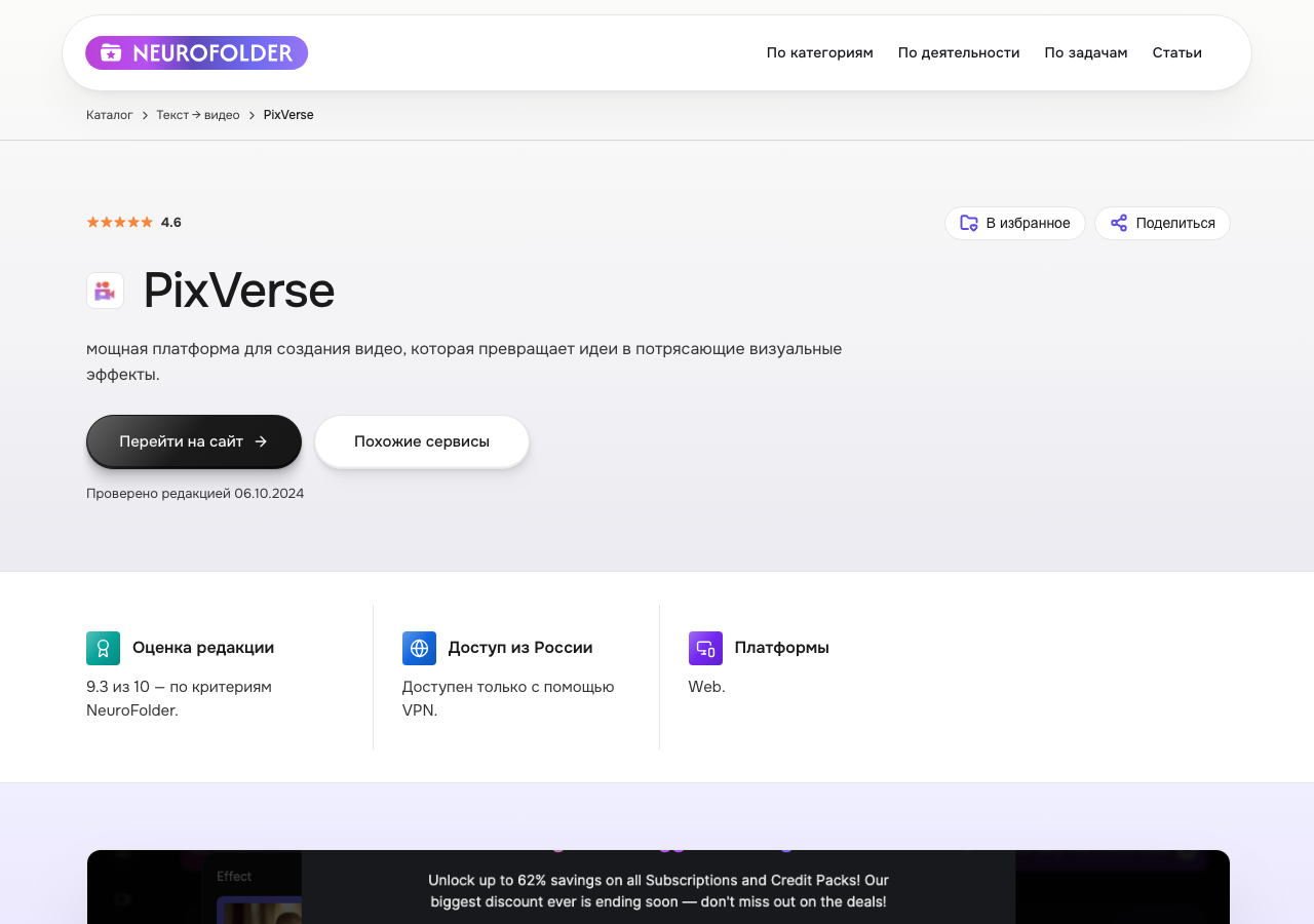 Скриншот карточки PixVerse в каталоге NeuroFolder — платформа для создания видео с оценкой редакции 9.3 из 10