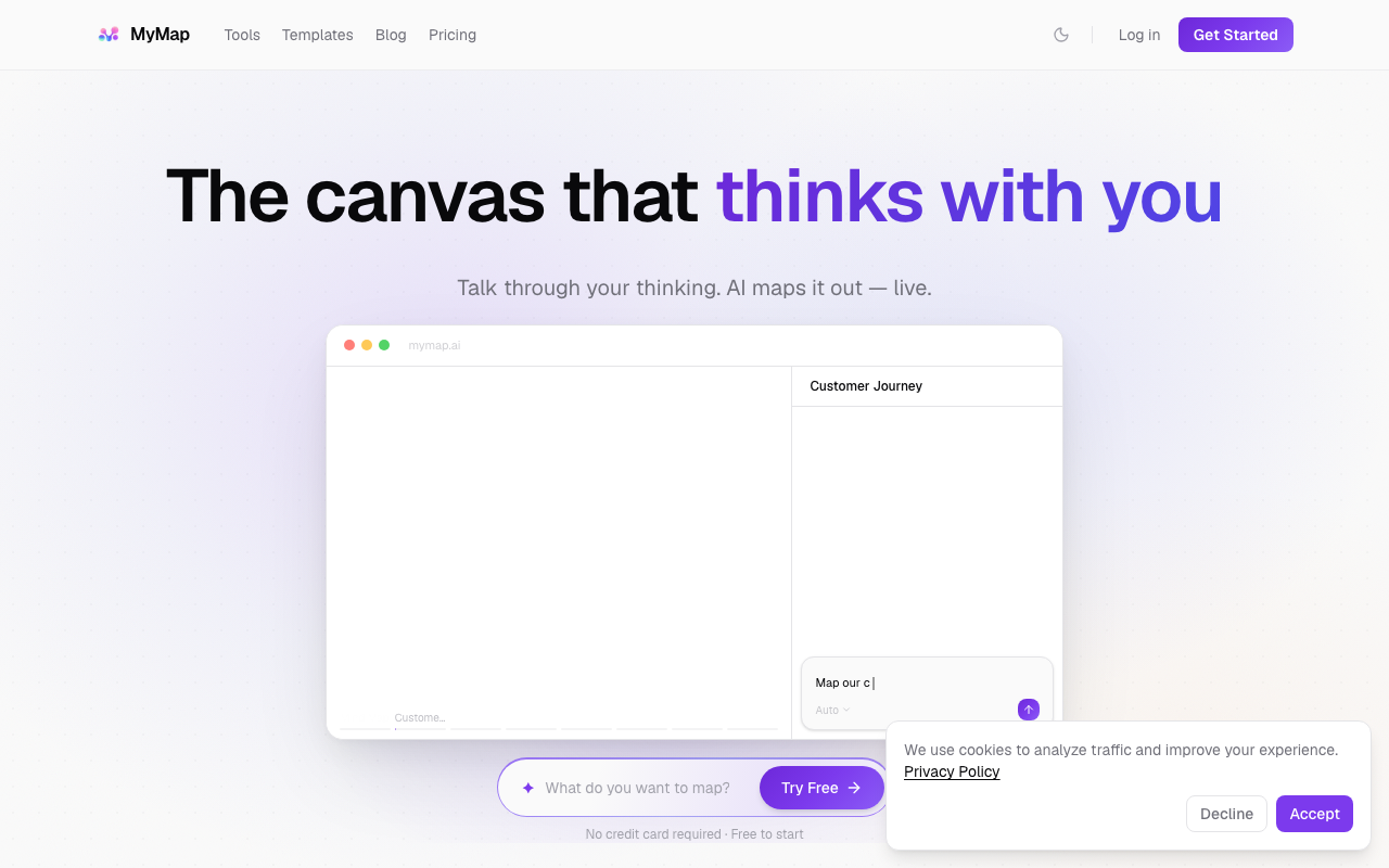 Интерфейс сервиса MyMap AI с холстом для карты идей и полем чата