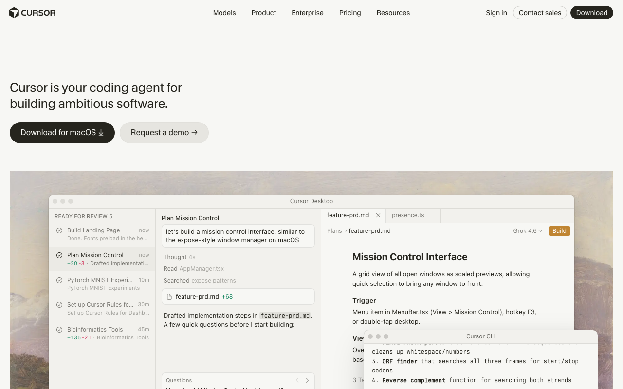 Интерфейс редактора Cursor с открытым файлом, планом задач слева и панелью ИИ-агента справа