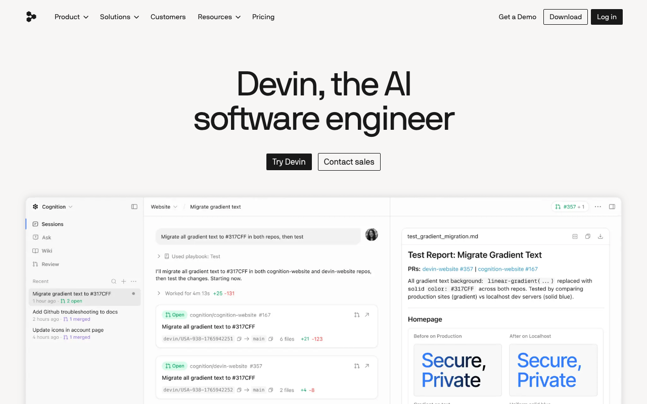 Интерфейс Devin с панелью задач слева и рабочим окном, где агент вносит изменения в файлы и открывает pull request