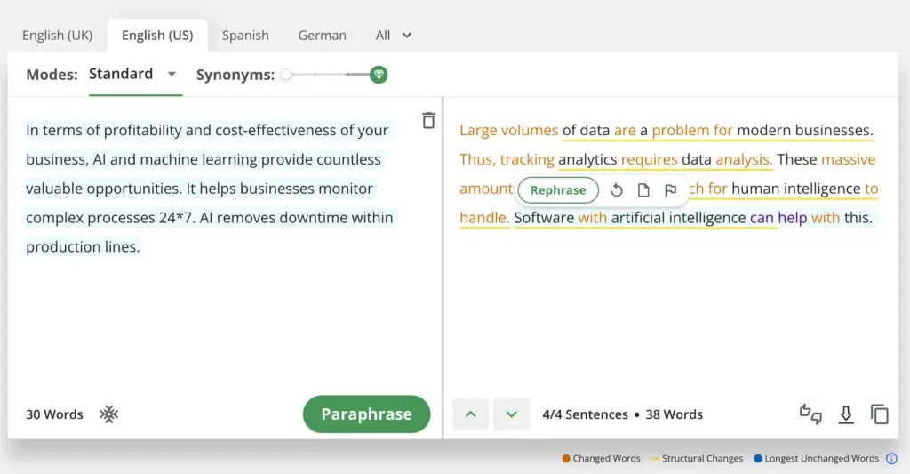 Скриншот редактора QuillBot с исходным и перефразированным текстом рядом