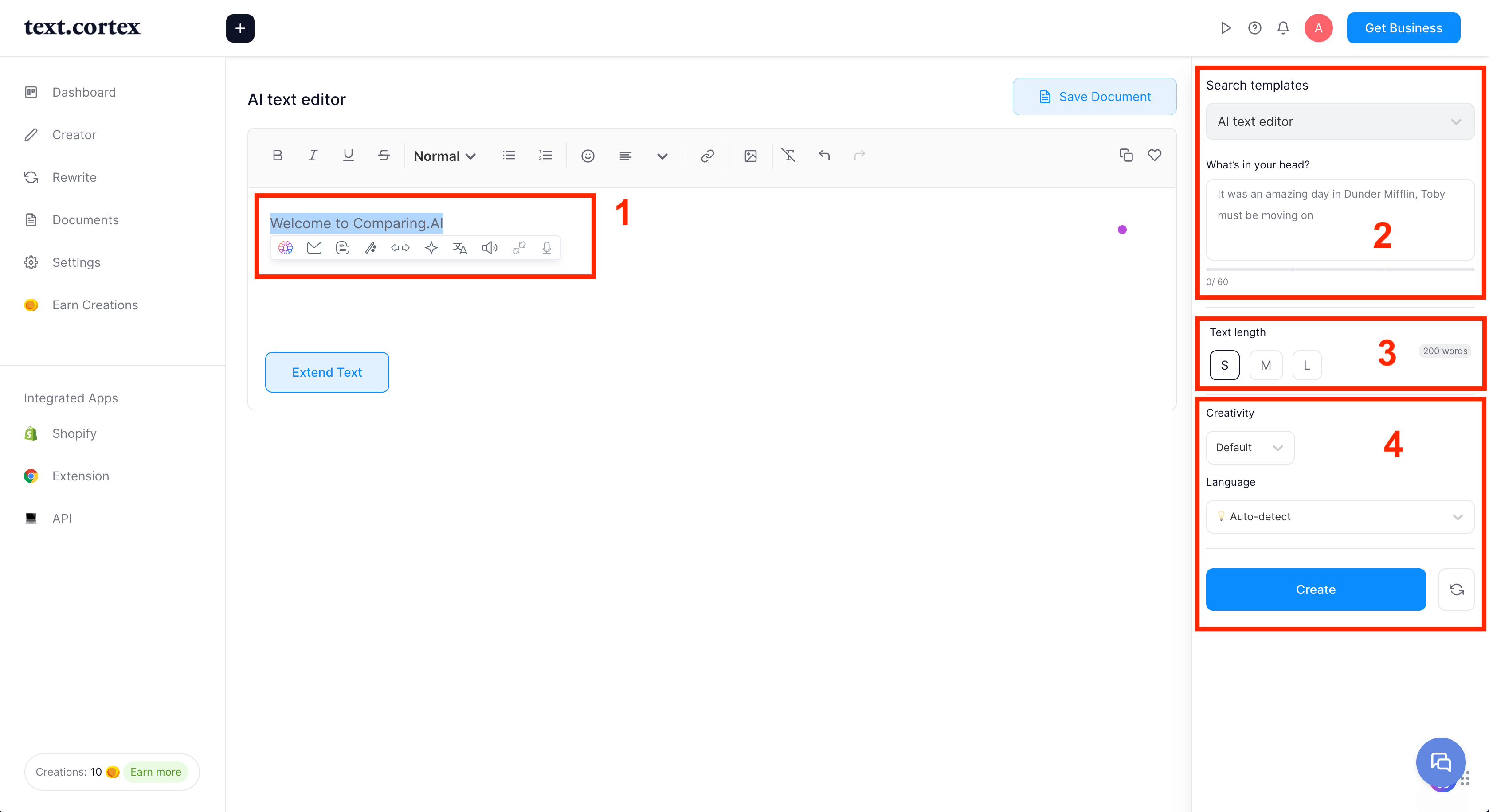 Скриншот редактора TextCortex с панелью шаблонов и настройками длины текста