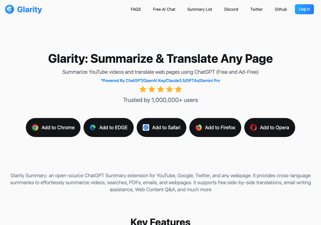 Главная страница расширения Glarity с кнопками установки для Chrome, Edge, Safari, Firefox и Opera