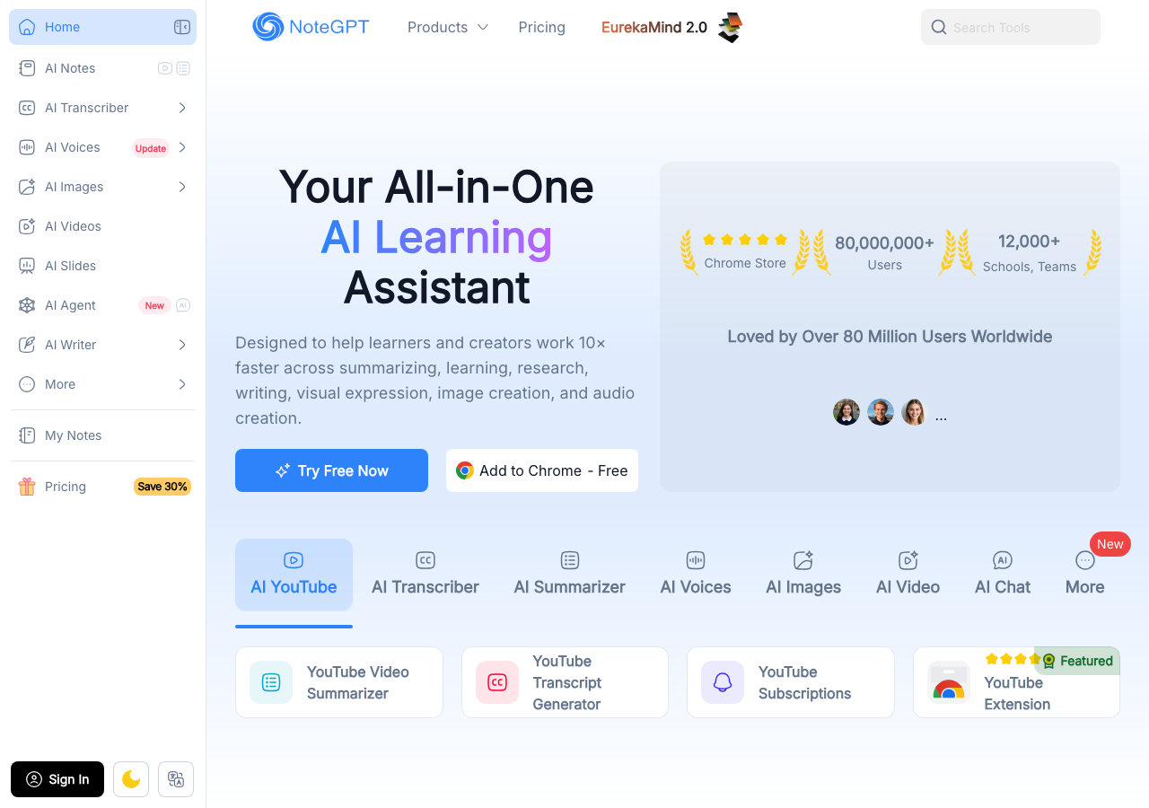 Главная страница NoteGPT с разделами AI YouTube, AI Transcriber, AI Summarizer и AI Chat