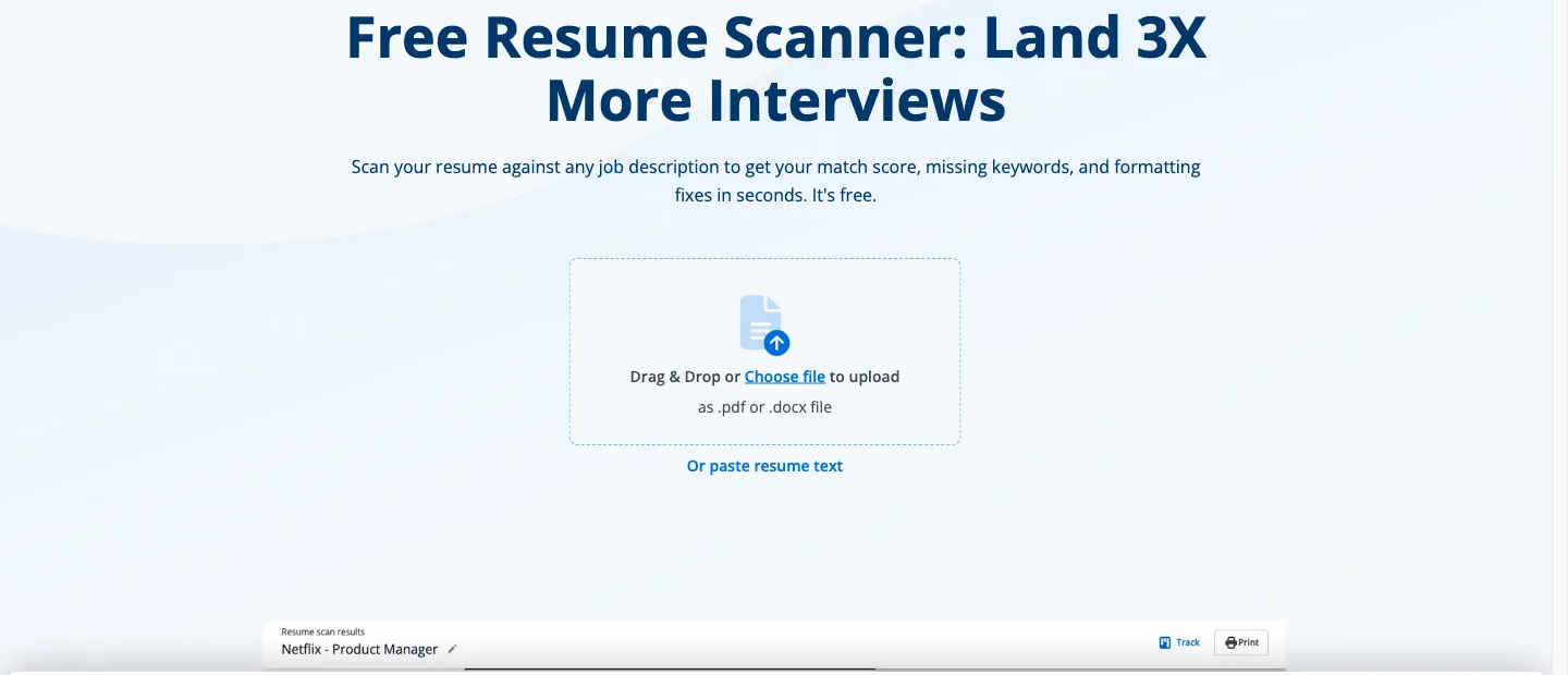 Скриншот интерфейса Jobscan — загрузка резюме для бесплатного сканирования