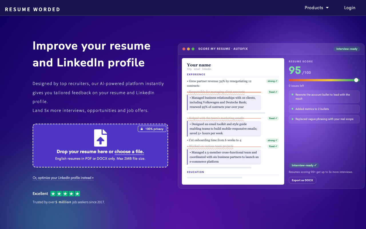 Скриншот Resume Worded — оценка резюме 95 из 100 с рекомендациями по правкам