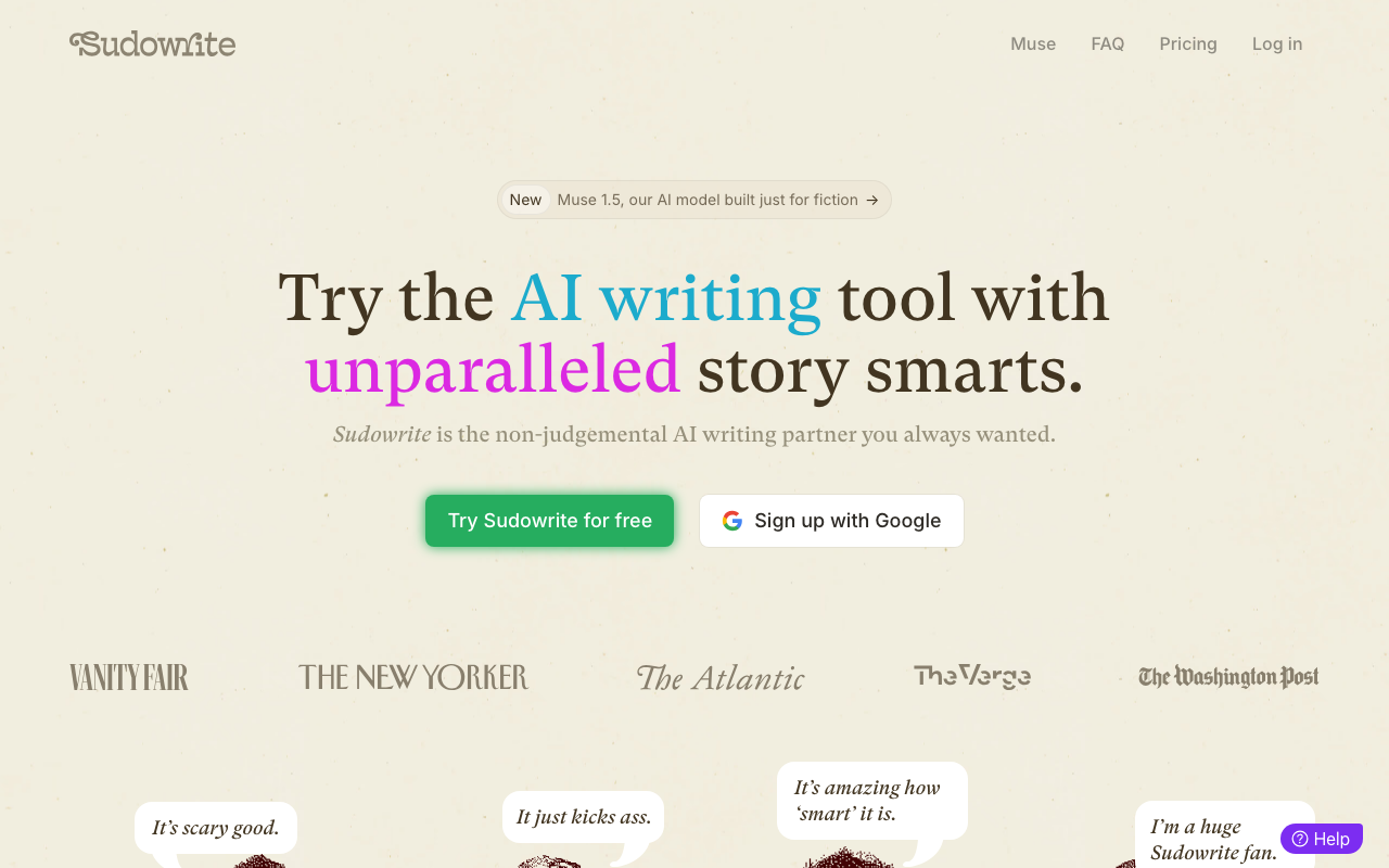 Скриншот главной страницы Sudowrite — сервиса нейросети для писателей