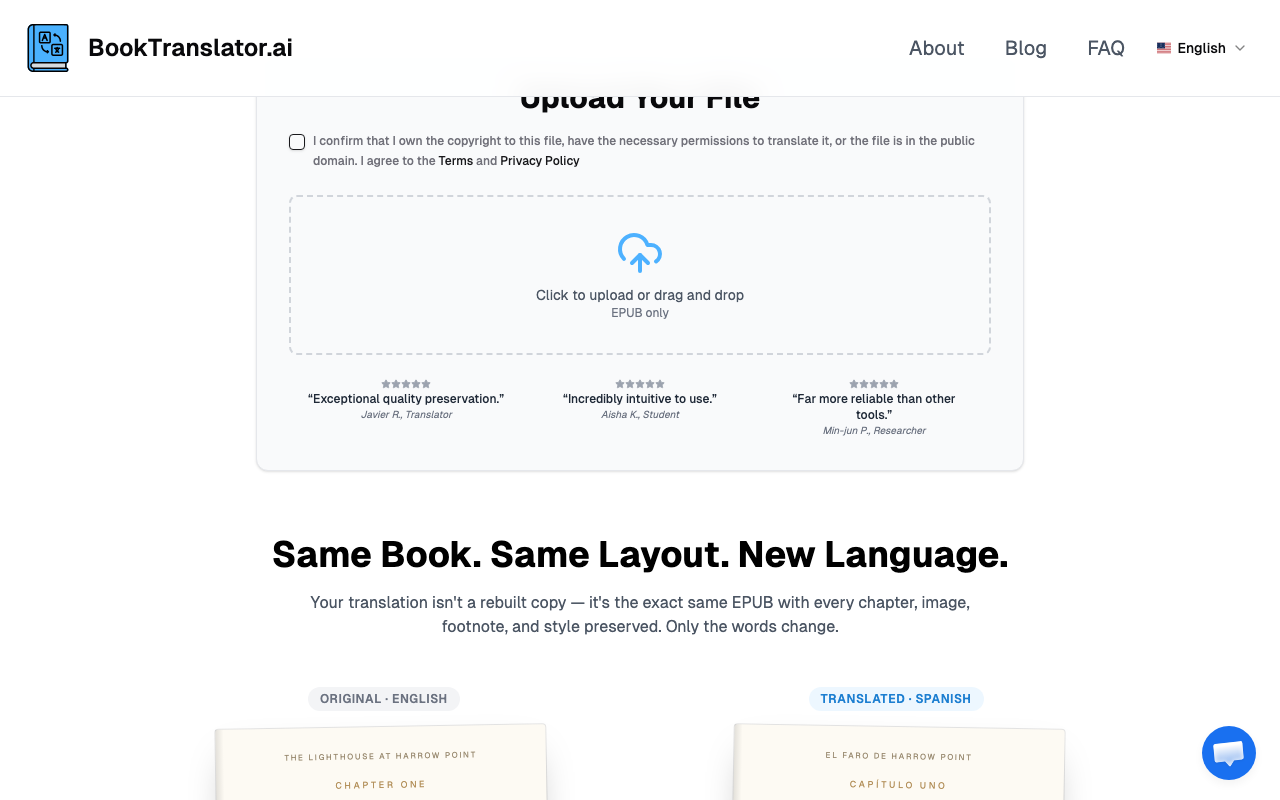 Интерфейс BookTranslator с окном загрузки файла EPUB и примером книги до и после перевода