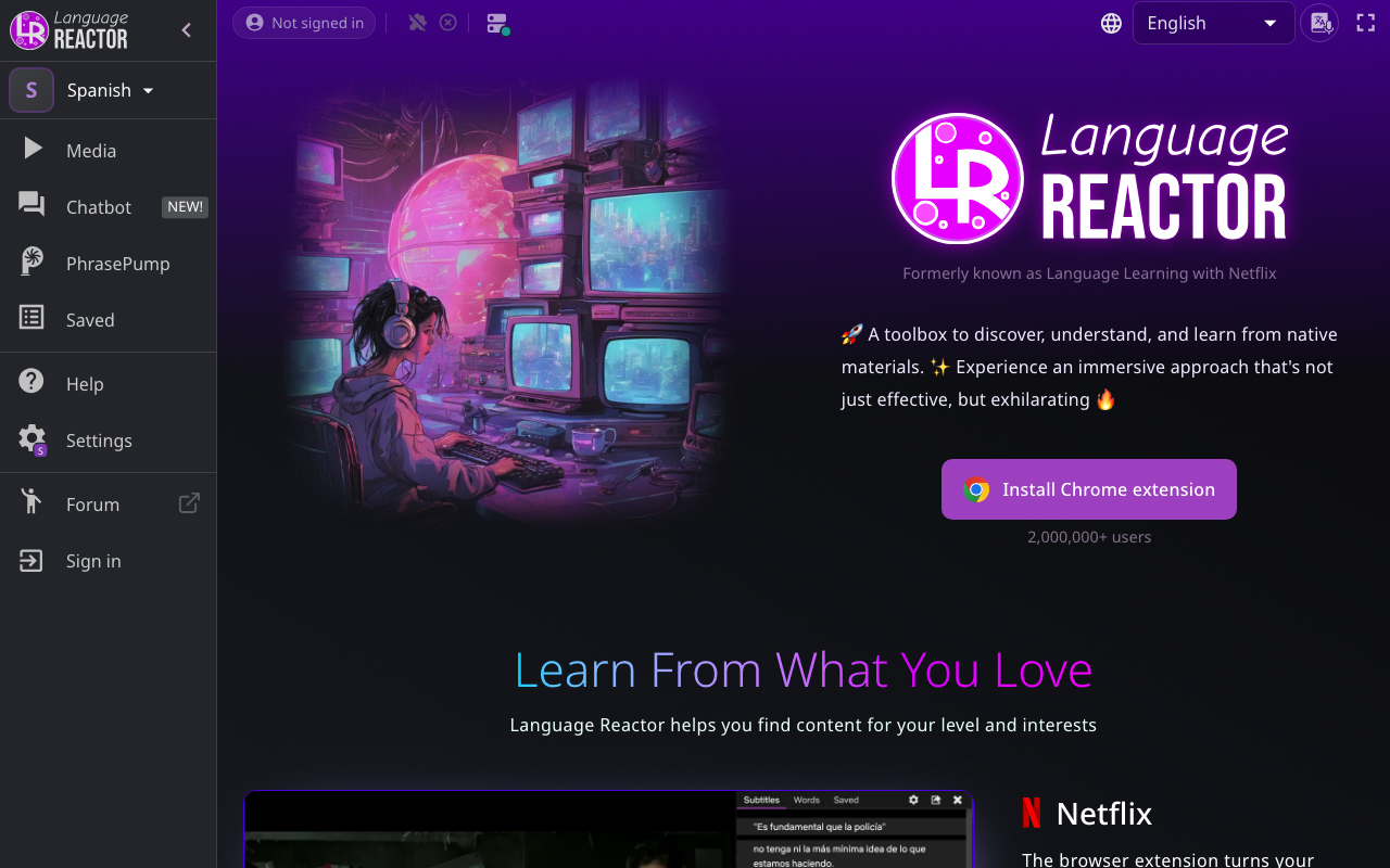 Главная страница расширения Language Reactor с описанием двойных субтитров для Netflix