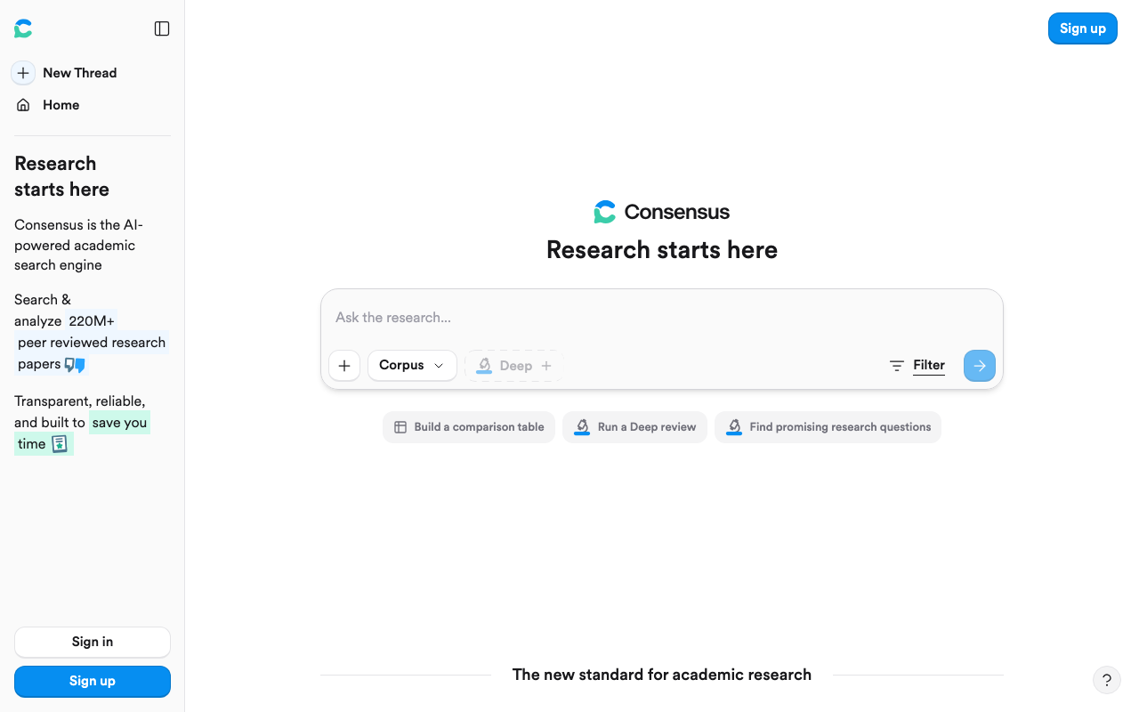 Главная страница Consensus с заголовком «Research starts here» и строкой поиска по научным статьям