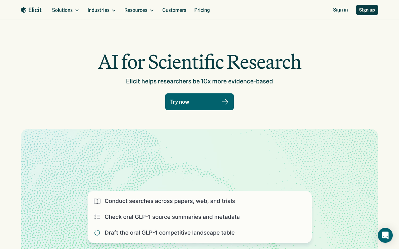 Главная страница Elicit с заголовком «AI for Scientific Research»