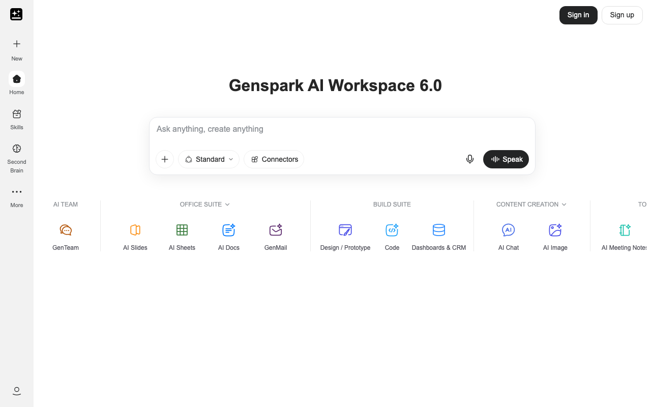 Главная страница Genspark AI Workspace со строкой «Ask anything, create anything» и панелью инструментов
