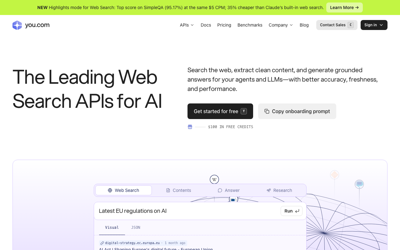 Главная страница You.com с заголовком «The Leading Web Search APIs for AI»