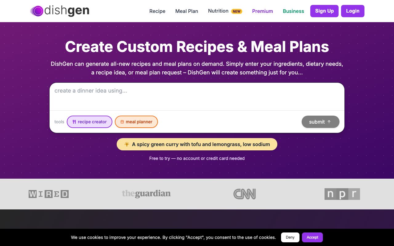 Интерфейс DishGen с генератором рецептов и планов питания