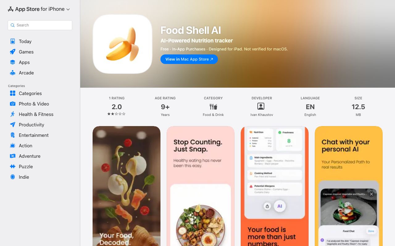 Страница приложения Food Shell AI в App Store