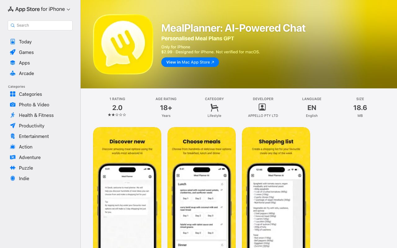 Страница приложения MealPlanner AI-Powered Chat в App Store